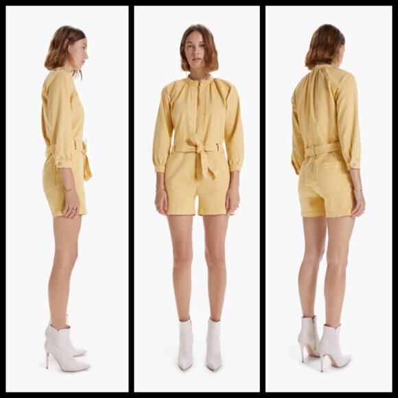 💕MOTHER DENIM💕 Gatherer Short Romper ~ So Far Gone - Rattan Yellow Size Small - Picture 6 of 16